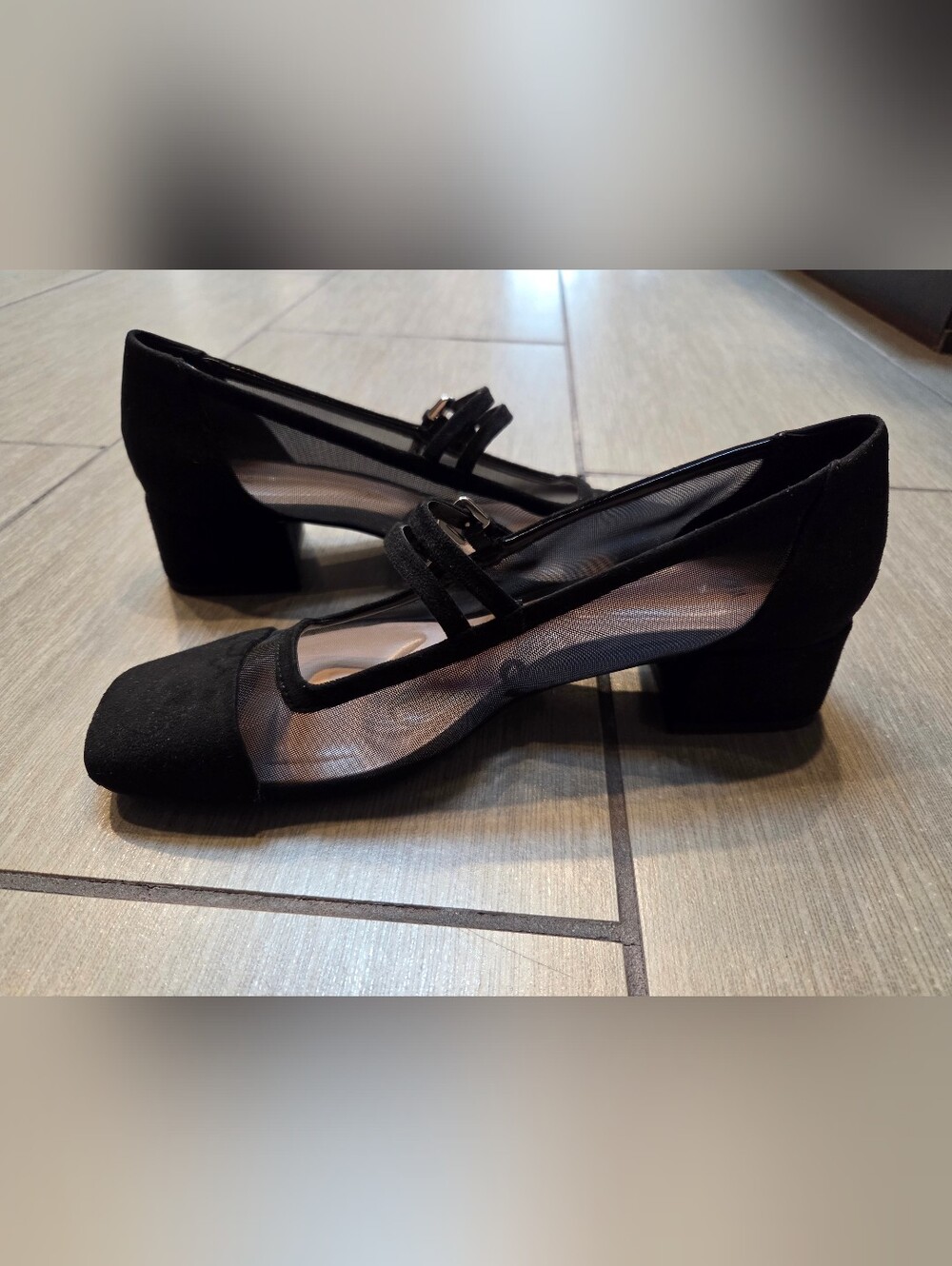 Zara Mary Jane Shoes, Suede and Mesh, Black, Size EU 38